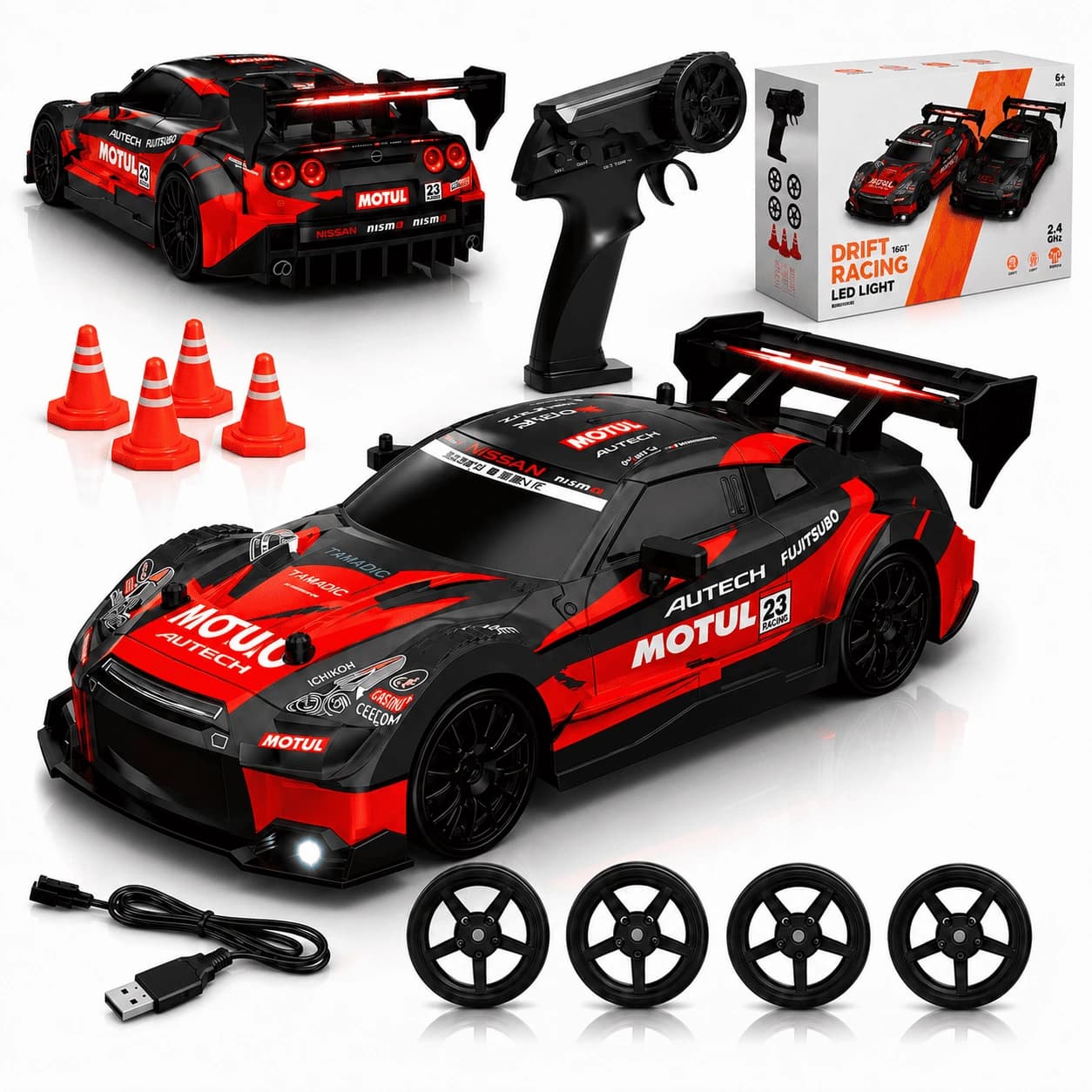 Nextronix 1:24 RC Drift Car | 24 km/h High Speed | 2.4GHz Remote | USB Rechargeable | LED Lights | Extra Drift Tires