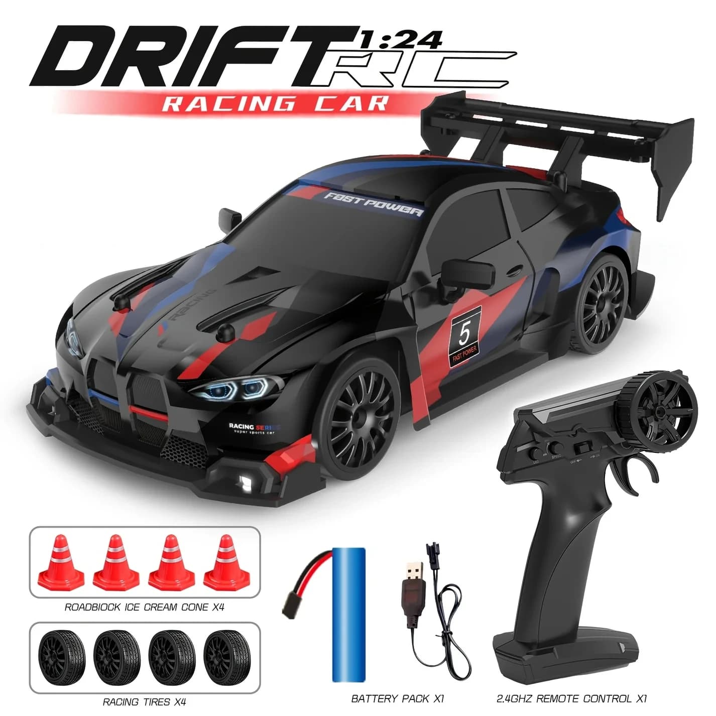 Nextronix BMW 1:24 RC Drift Car | 24 km/h High Speed | 2.4GHz Remote | USB Rechargeable | LED Lights | Extra Drift Tires