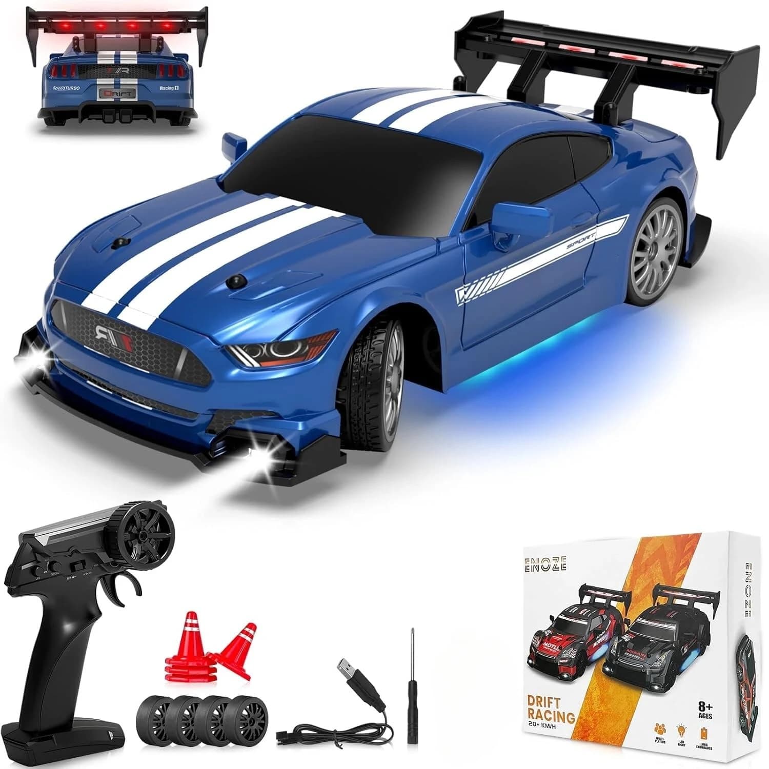 Nextronix Mustang 1:24 RC Drift Car | 24 km/h High Speed | 2.4GHz Remote | USB Rechargeable | LED Lights | Extra Drift Tires
