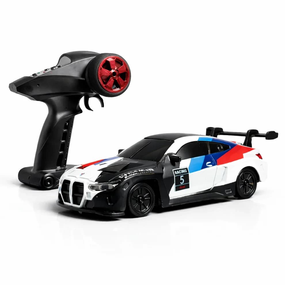 Nextronix BMW M4 Style 1:43 Scale 4WD Gyro RC Drift Car with Alloy Body, 2.4GHz Remote Control & LED Lights โ White